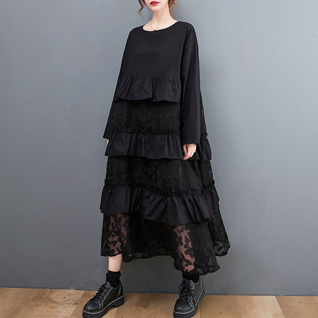 Printed mesh stitching dress fat MM large size women's long-sleeved round neck ruffled autumn long A-line skirt