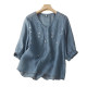 Leaves embroidery cotton and linen five-quarter-sleeved shirt fat mm large size women's V-neck lace irregular casual pullover top