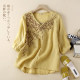 Heavy industry embroidery cotton and linen five-quarter sleeve shirt fat mm large size women's lace V-neck irregular thin linen top