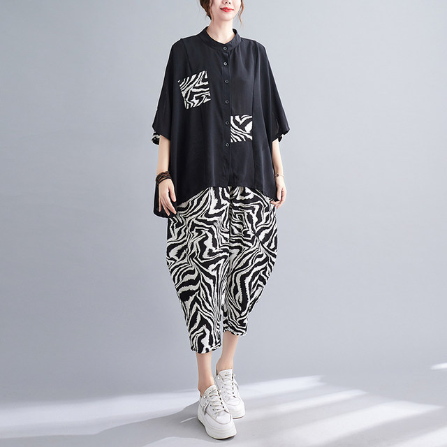 Retro Print Fashion Set Round Neck Breasted Irregular Half Sleeve Shirt Elastic Waist Cropped Harem Pants Two-piece Set