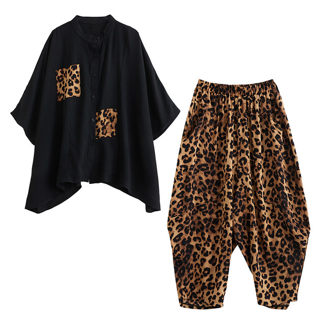 Leopard Print Fashion Suit Stand Collar Button Up Half Sleeve Irregular Shirt Elastic Waist Cropped Harem Pants Two-piece Set