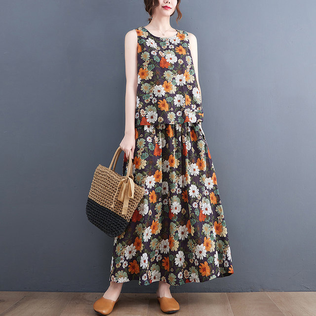 Vintage Print Fashion Set Round Neck Sleeveless Camisole Elastic Waist Skirt Plus Size Women's Two-Piece Set