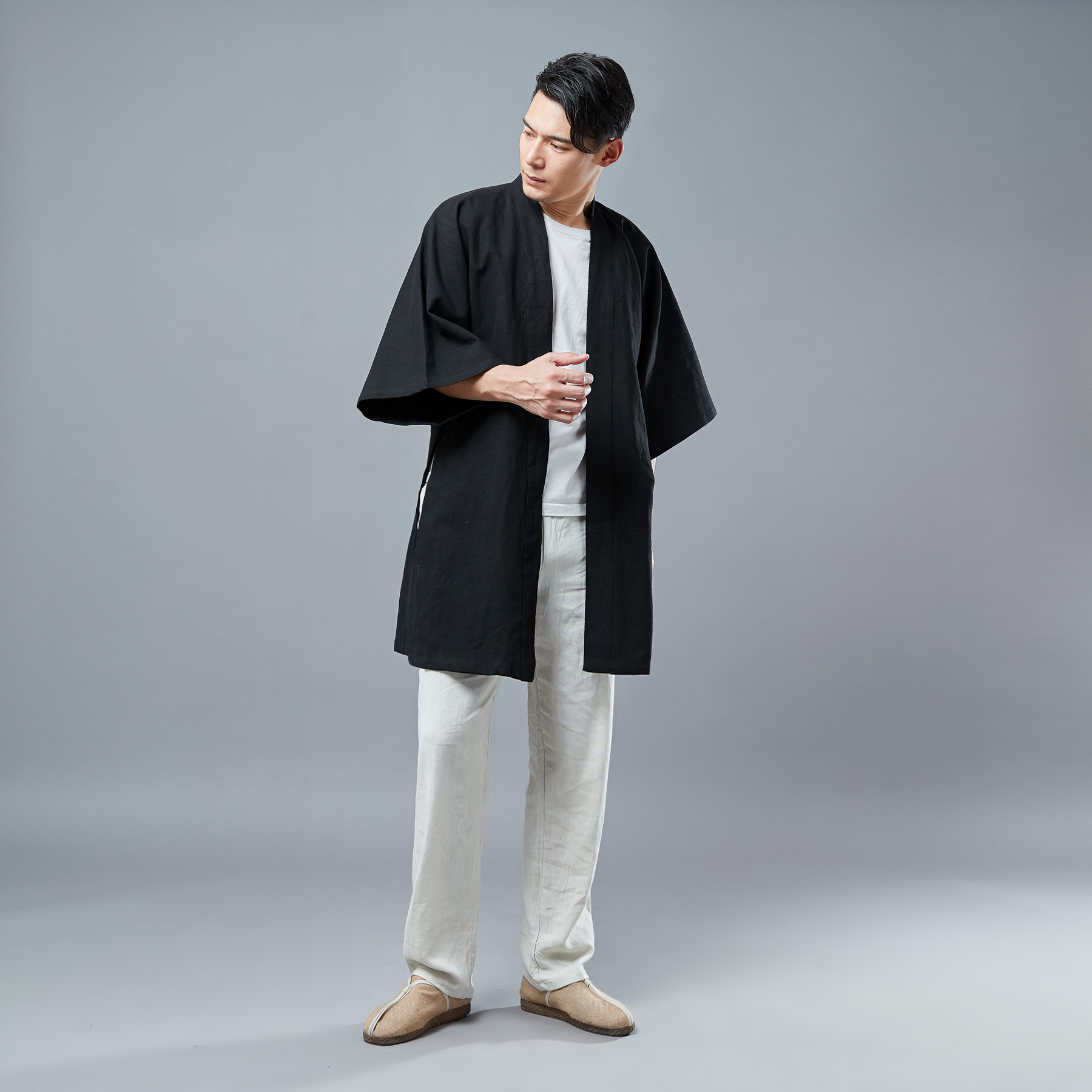 Tay áo mới Hanfu nam áo khoác mỏng phong cách Trung Quốc trang phục mở tay với áo khoác vai trang phục dịch vụ trà ảnh quần vải nam