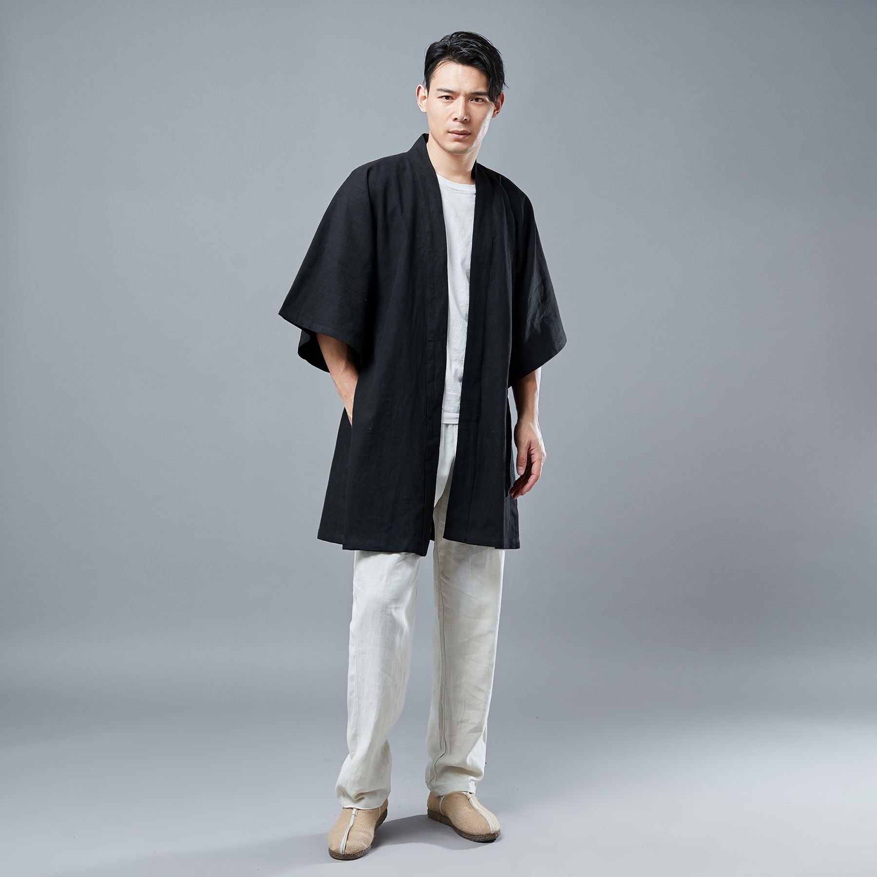 Tay áo mới Hanfu nam áo khoác mỏng phong cách Trung Quốc trang phục mở tay với áo khoác vai trang phục dịch vụ trà ảnh quần vải nam