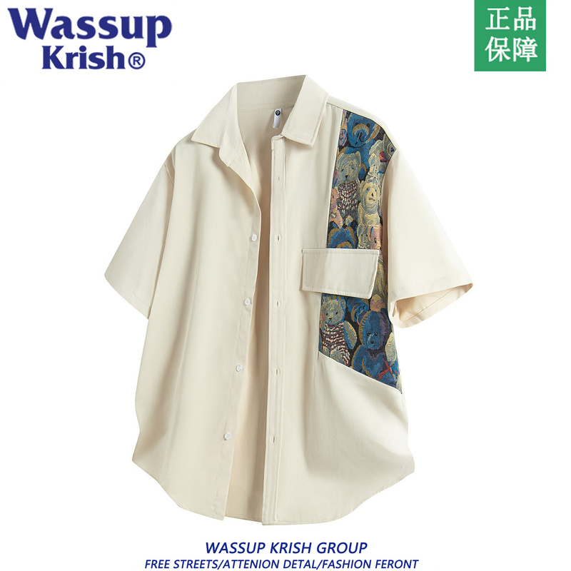 Wassup Krish Short-Sleeved Shirt Men's Summer Embroidered Patchwork Asymmetrical Bear Loose Casual Shirt