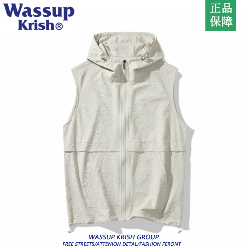 Wassup Krish Vest Men's 2026 New Summer American Style Trendy Brand Loose Casual Hooded Cardigan Vest