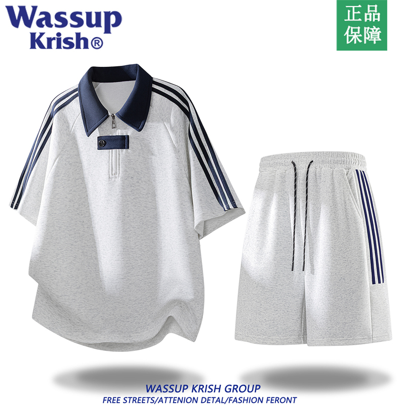 Wassup Krish Men's Summer Color-Block Striped Short-Sleeve Polo Shirt and Shorts American Casual Two-Piece Set Wassup Krish Men's Summer Color-Block Striped Short-Sleeve Polo Shirt and Shorts American Casual Two-Piece Set