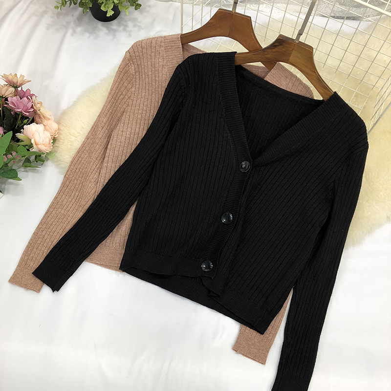 Thưởng mùa xuân và mùa thu mới Cổ chữ V Retro Soft Slim ngắn nhiều màu Joker Áo khoác cardigan dài tay ao len nu