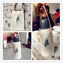 Literary retro canvas bag hand carry crossbody bag water cup set Milk tea breakfast bag environmental protection pure cotton illustration