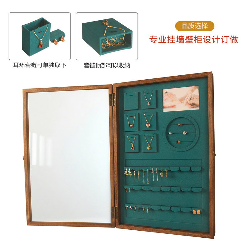 Solid Wood Wall-Mounted Jewelry Display Rack with Glass Door, Anti-Oxidation Silver Jewelry Rack, Earring Rack, Lockable Tray for Jewelry Store