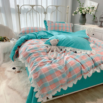 ins foreign air fairy washed cotton four pieces plaid plaid pure cotton princess wind small fresh summer girl bed supplies
