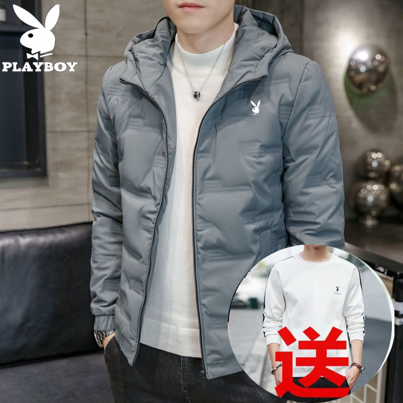 Playboy men's down jacket light and thin youth autumn and winter hooded short trendy casual handsome thick coat