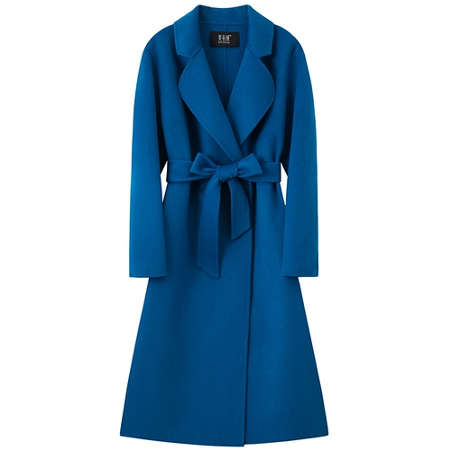 Синее двусторонное кашемировое элитное длинное шерстяное шерстяное пальто, длина макси