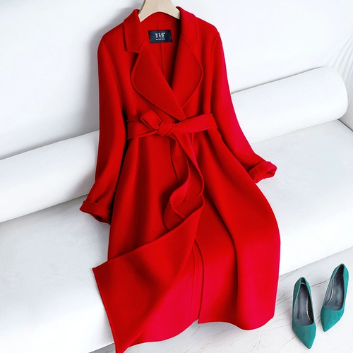 Двусторонное кашемировое красное длинное элитное зимнее шерстяное пальто, длина макси, облегающий крой