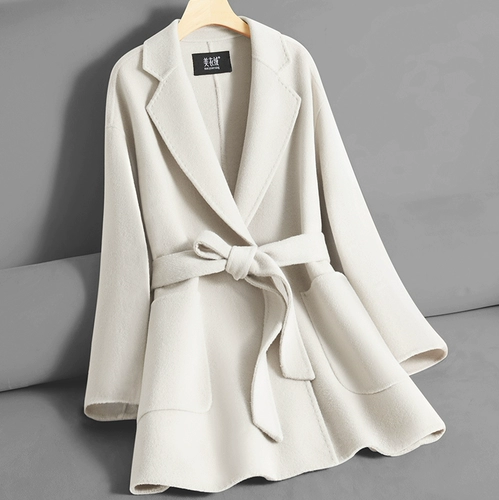 Двусторонное кашемировое длинное бежевое шерстяное демисезонное шерстяное пальто, куртка, средней длины, свободный крой, подходит для подростков, изысканный стиль