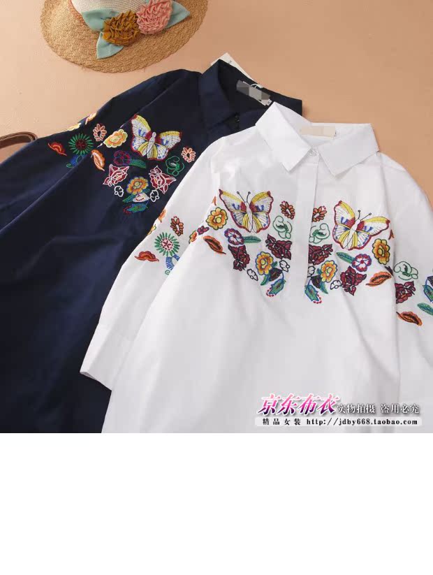 Mùa xuân và mùa thu mới Han Fan nữ thêu bướm trong phần dài POLO cổ áo sơ mi béo mm cỡ lớn là áo mỏng tay áo bảy điểm sơ mi trắng nữ