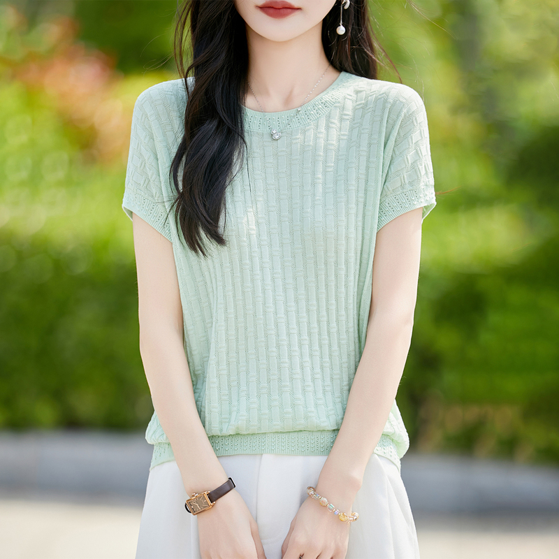 Summer New Style Mulberry Silk Jacquard Knit Short-Sleeve T-Shirt for Women, Round Neck, Solid Color Tencel Top, Loose Half-Sleeve Base Layer