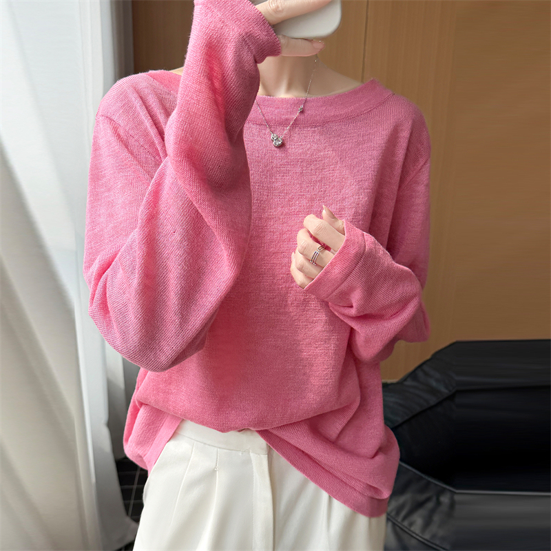 Relaxed Thin Round-Neck Bamboo Linen Knit Sweater for Women, Striped Color-Blocked Loose Sun-Protective Base Shirt