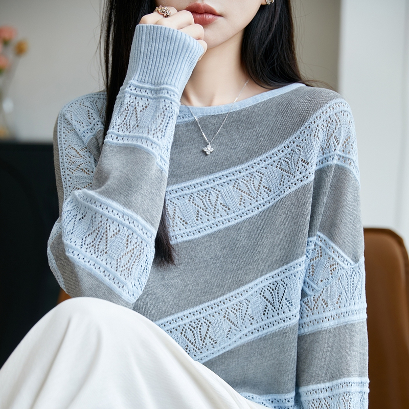 Loose and Casual Style Hollow-Out Striped Knit Sweater for Women, Round Neck, Color-Blocking, Long-Sleeve, Loose-Fitting Tencel Linen Base Top Loose and Casual Style Hollow-Out Striped Knit Sweater for Women, Round Neck, Color-Blocking, Long-Sleeve, Loose-Fitting Tencel Linen Base Top