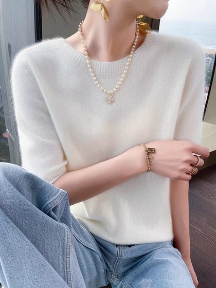 24春秋圆领轻奢级山羊绒短袖女一线成衣半袖毛衣宽松羊毛衫五分袖