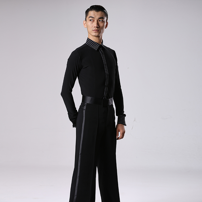 Pan's dance uniform national standard dance modern dance stripe contrast shirt 8 open shirt four sides elastic Crystal hemp