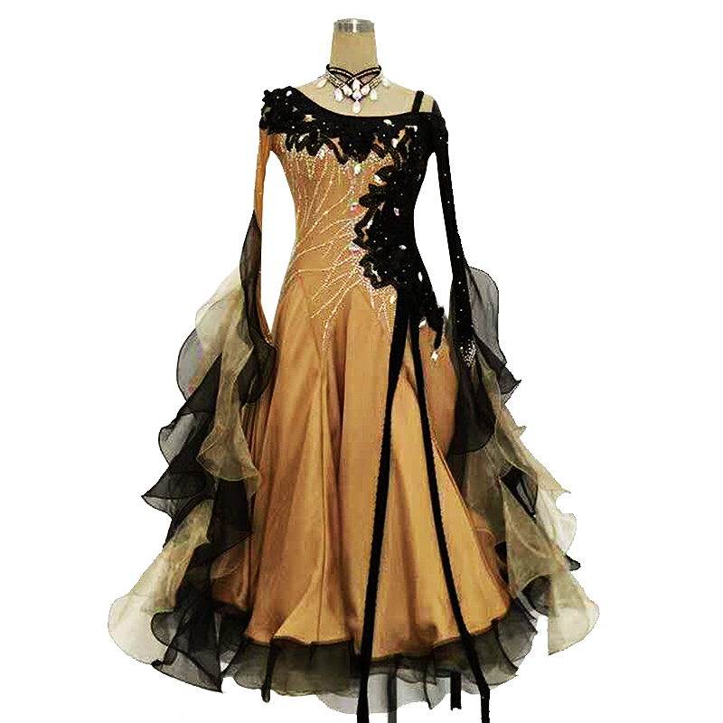 Modern dance national standard dance competition skirt performance skirt plus diamond ribbon women's big dress colorblock skirt