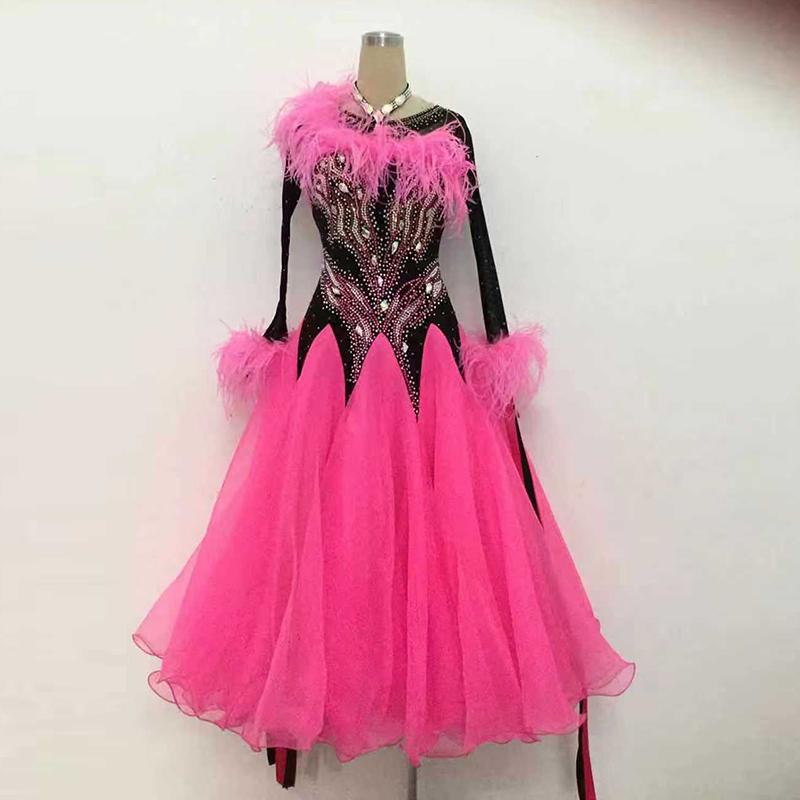 Morden Dance National Benchmark Dance Waltz Performance Suit Racing Suit Ostrich Fur Big Swing Skirt Plus Drill Neck Accessories