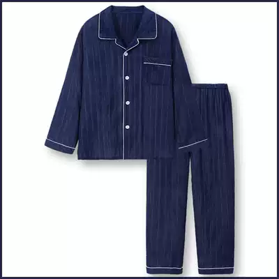 Men's cotton gauze pajamas spring and autumn thin youth long sleeves spring and autumn cotton home clothes large size father suit