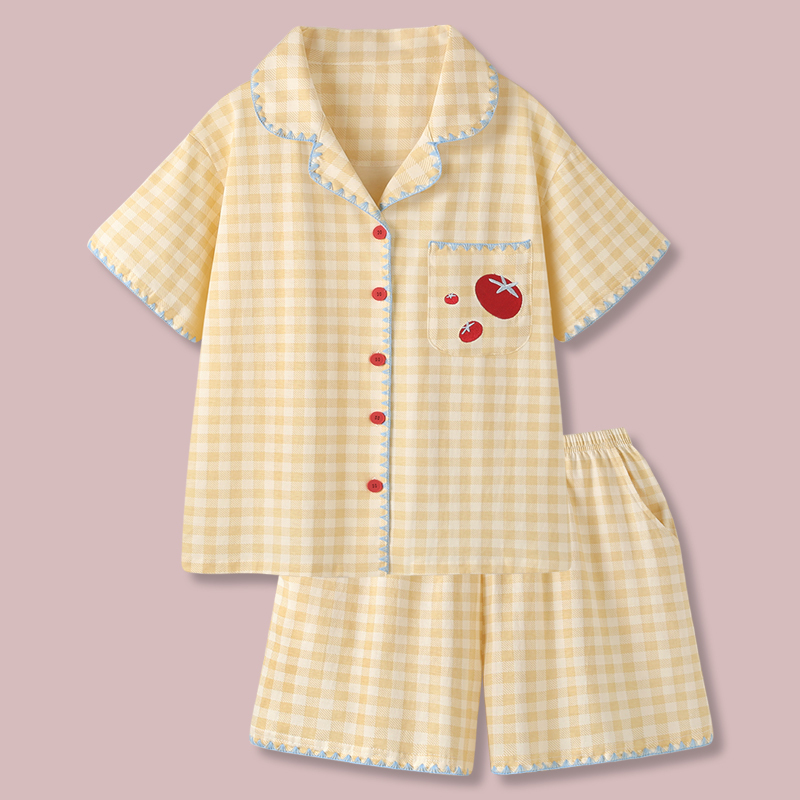 Cheese Tomato 2026 New Cool Cotton Pajamas for Women, Summer Plaid Loungewear Set with Chest Pads