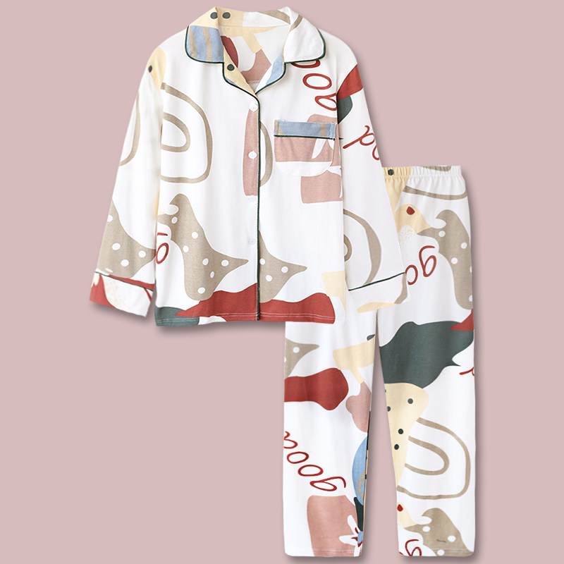 Designer Japanese ins style simple floral pure cotton couple pajamas men and women autumn and winter Korean version of home clothes