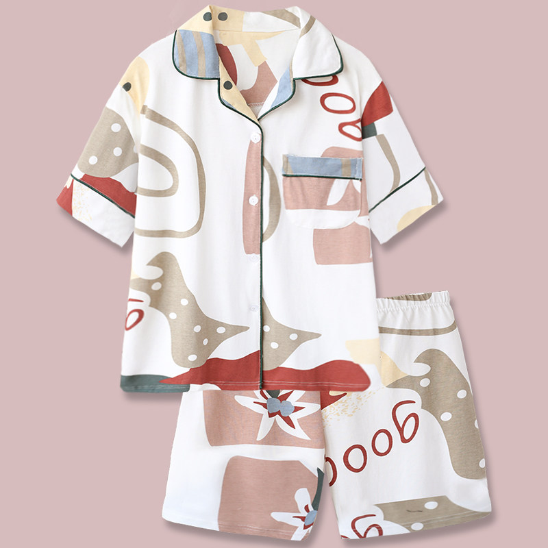 Designer Japanese ins wind simple couple pure cotton pajamas men and women summer short-sleeved shorts home clothes