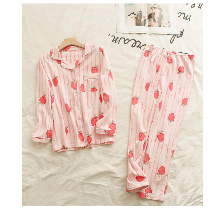 Giới hạn mua trong 2 ngày! Đồ ngủ nữ Cotton dài tay Mới Hàn Quốc Ngọt tráng miệng Kích thước lớn Dâu tây mùa thu bộ mặc nhà