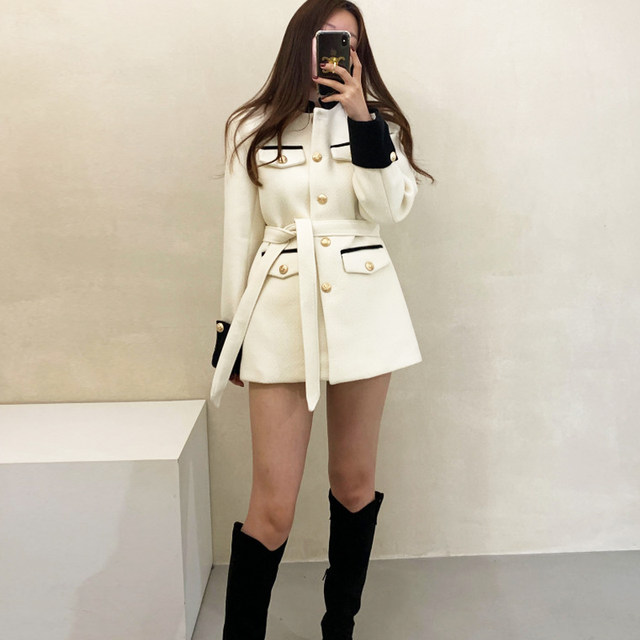 Women's woolen coat short style winter new style small fragrance style tweed waist waist ladies thick woolen woolen coat women