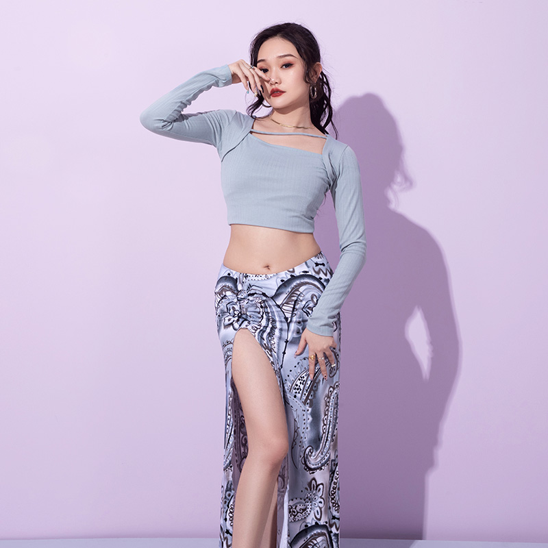 Belly Leather Dance Dress Suit Blouse Blouses 2022 Spring Autumn New Training Clothing Printed High-end Sexy Long Dress