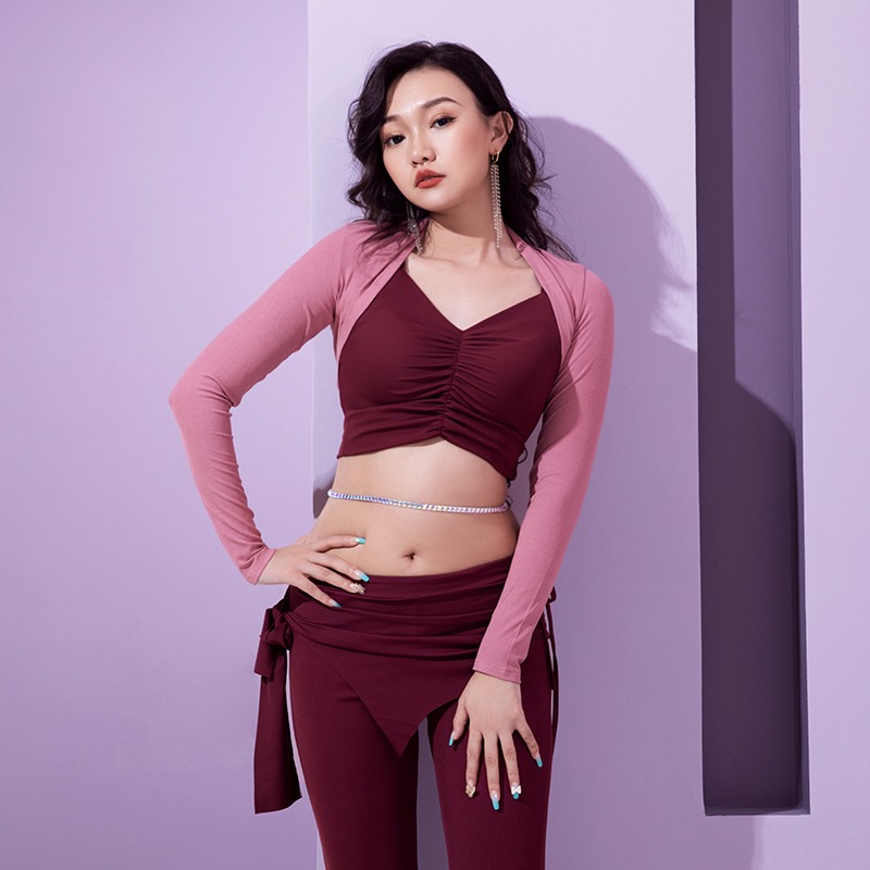 Belly Leather Dance Suit 2022 new modern dance Collision Color style Winter Spring Autumn Oriental Dance Body Training Kan Shoulder