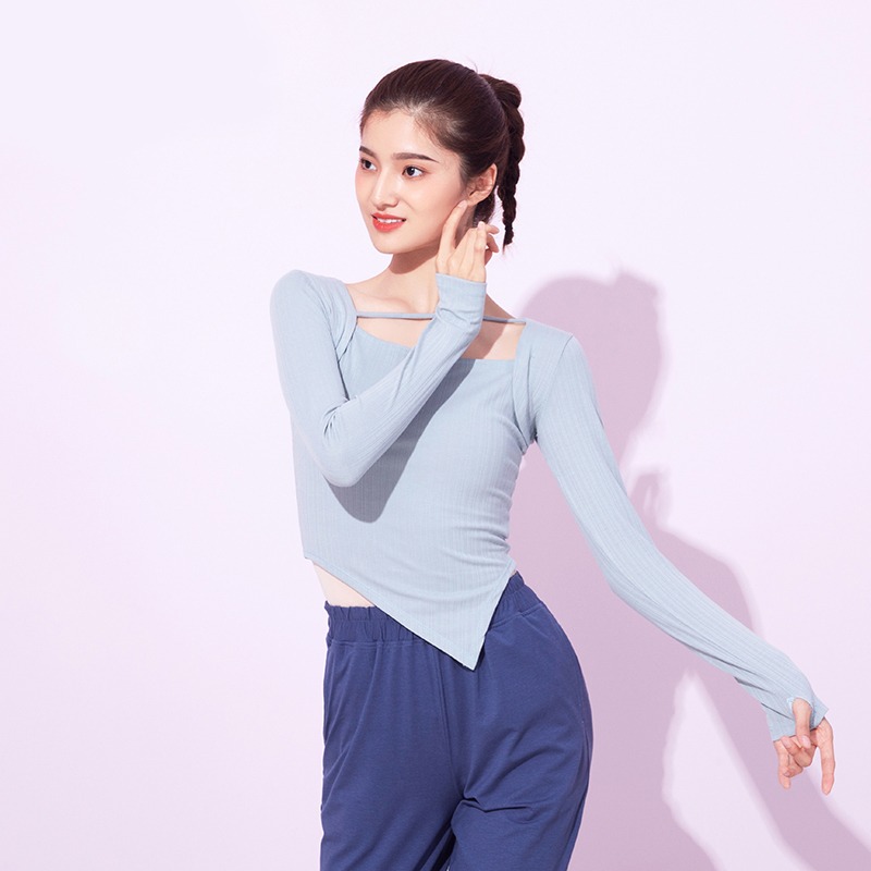Modern dance dance suit Long sleeve blouses professional practice Belly Leather Dance Short of irregular Thin Spring Autumn Knit Women