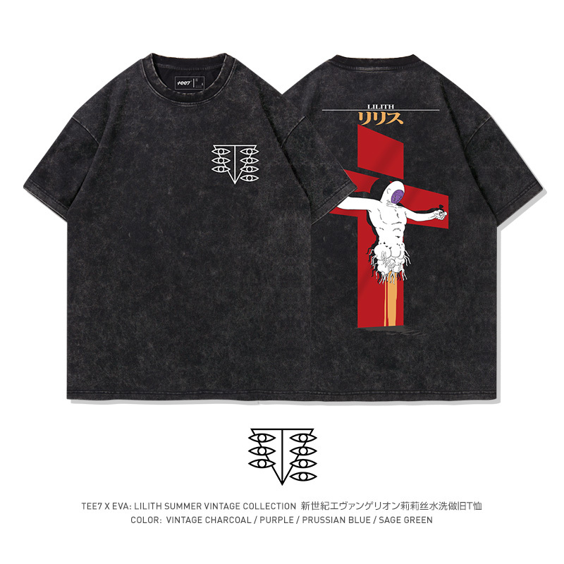Tee7-Japanese Anime Eva Lilith T-Shirt Washed and Distressed Vintage Niche Pure Cotton Loose Short-Sleeve