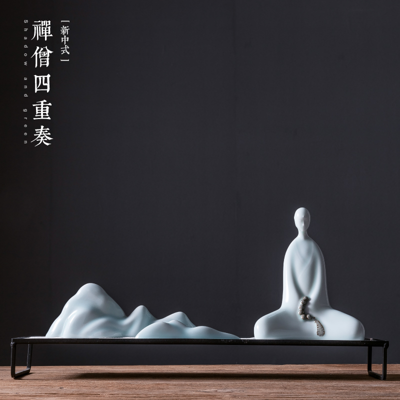 New Chinese style rich ancient frame art pottery place indoor creative desktop video green monk zen Buddha sitting room household act the role ofing is tasted