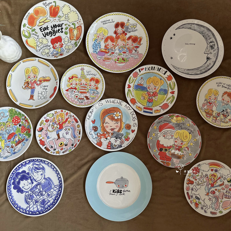 Clearance Cartoon Cute Ceramic Tableware Dessert Plate Cake Plate Glazed Colorful Dinner Plate Decorative Hanging Plate