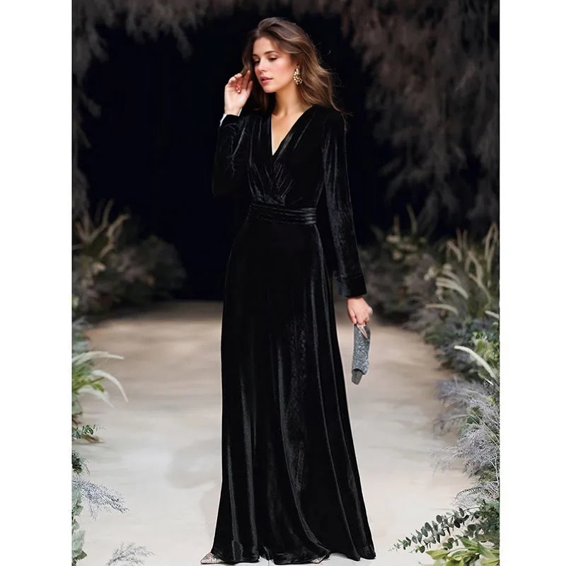 V-Neck Long-Sleeved Velvet Women's Evening Dress Banquet Dress Elegant Slim Long Dress Wedding Performance Long Dress