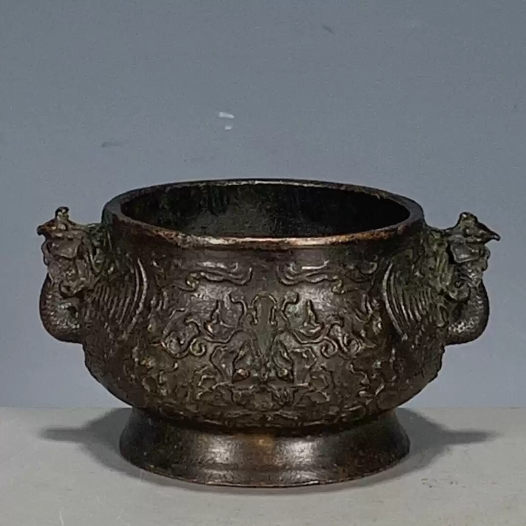 大明宣德年制铜器双凤耳香炉古玩杂项古董旧货收藏
