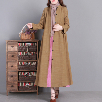 Clothes all Gagger Art retro upright collar pure linen cardiovert thickened windcoat jacket Fall new woman long sleeve