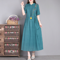 Clothes all Gagger Summer new short sleeves Women cotton linen embroidered art comeback collection with long style dress in the back of the dress