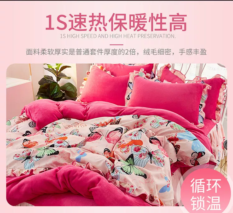 Phiên bản Hàn Quốc của váy ngủ flannel bed bốn bộ mùa đông san hô lông cừu đôi nhung dày ấm áp chăn nhung