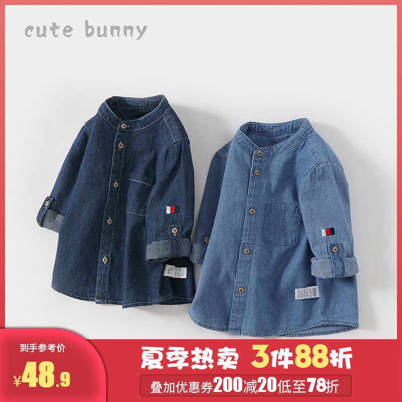 Baby autumn 1-3 years old boy long-sleeved denim shirt Baby cotton shirt Foreign school 1-year-old male treasure top tide