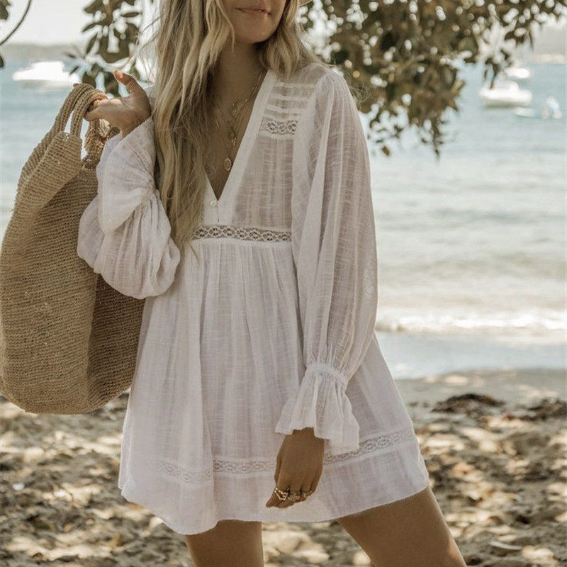 Island Resort Sexy Deep V Loose Beach Skirt Hooded Sweatshirt Swimsuit Sunscreen Jacket Bamboo Festival Cotton Outfitting Women's Hood Clothing