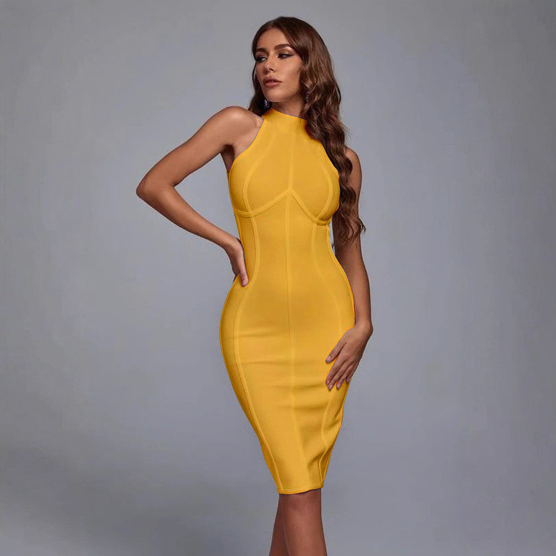 【Beaukey】Cross-Border Classic Retro Waist-Cinching Ginger Yellow Bandage Dress Simple and Elegant Bodycon Dress for Women