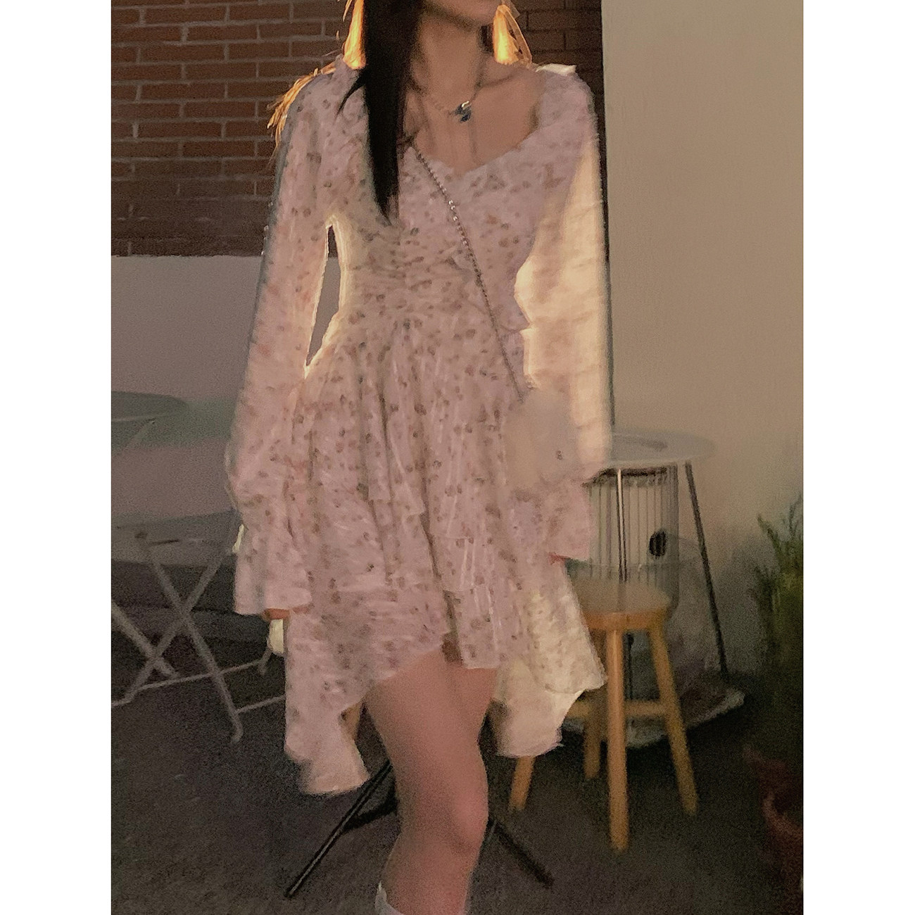 DREAM SEVEN77 irregular lotus leaf side crushed flower skirt woman 2022 Early spring new long sleeves Slim Ocean Dress