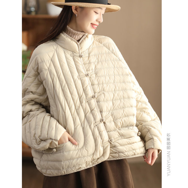 Winter national style oblique placket buttoned stand collar down jacket for women, lightweight quilted 90 white duck down warm little jacket