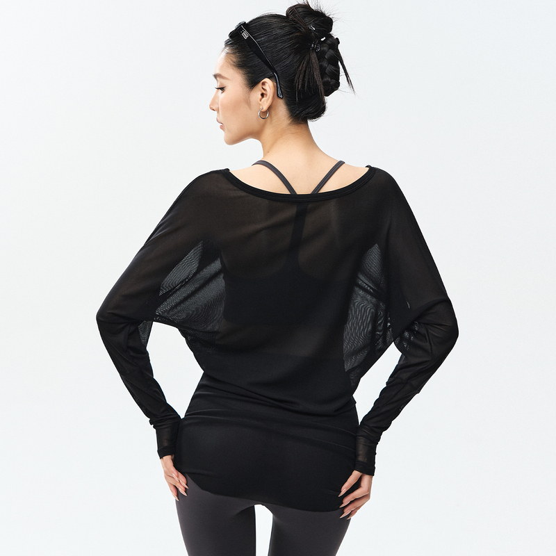 Dcw Black Lightweight Yoga Loose-Fitting Cover-Up Top for Women, Slimming and Sexy Dance Pilates Fitness Long-Sleeve Sports Top